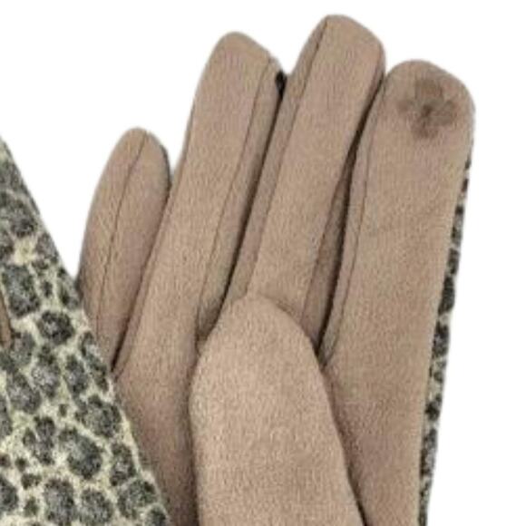 Women's Winter Fashion Gloves Leopard Print Faux Cashmere Suede Taupe OS - Picture 4 of 4